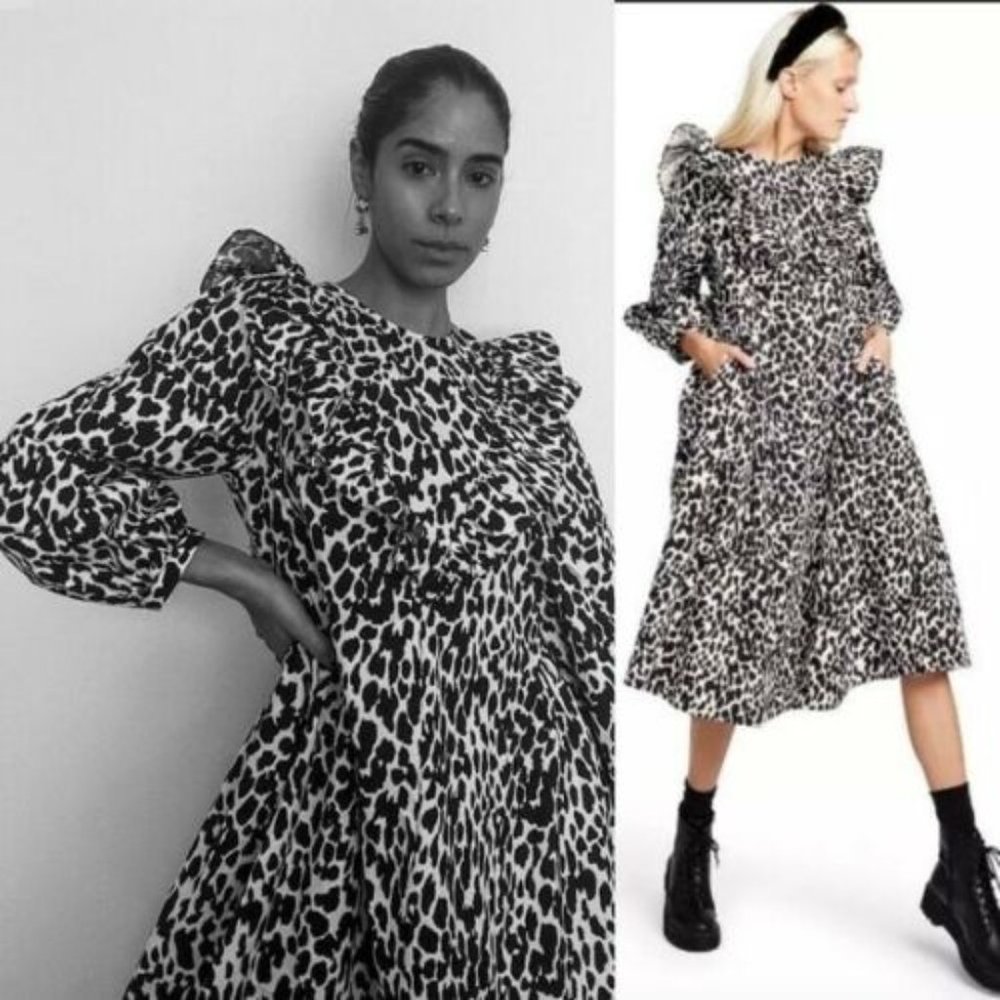 Sandy Liang Black and White Leopard Midi Dress